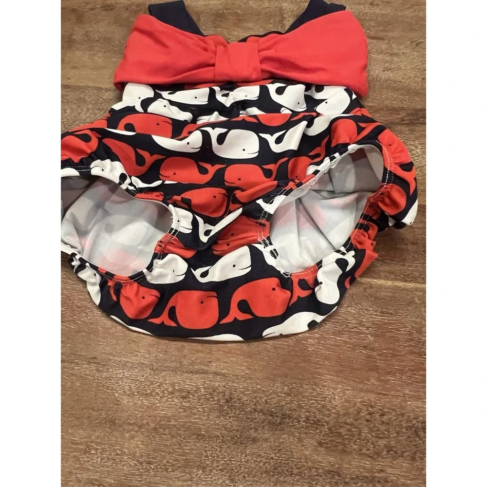 Mudpie Toddler Girls Whale Bow One Piece Swimsuit Red White Blue Size 9-12 Month